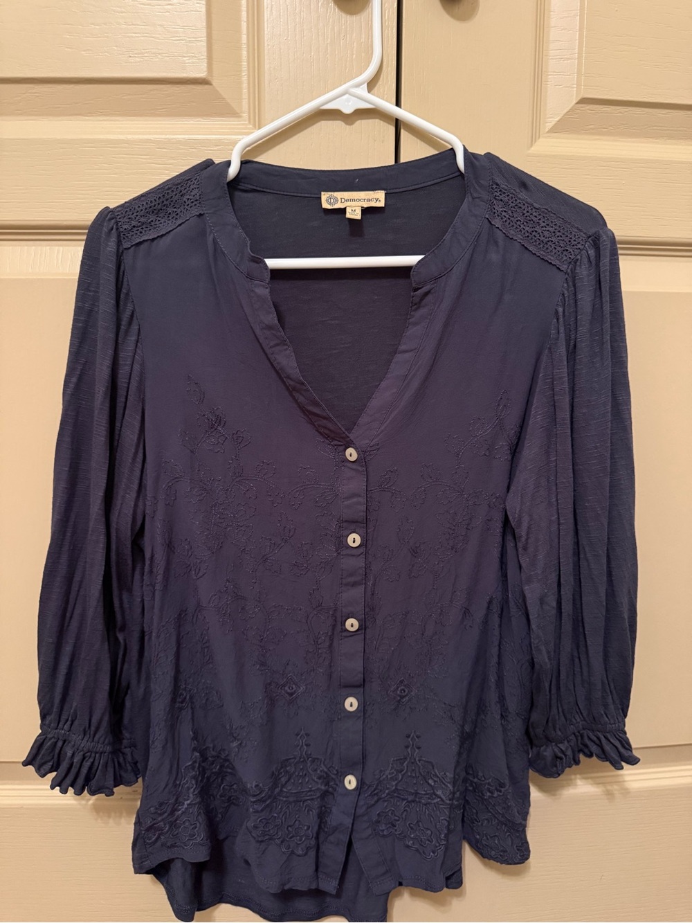 Democracy Navy Embroidered Button-Down Blouse